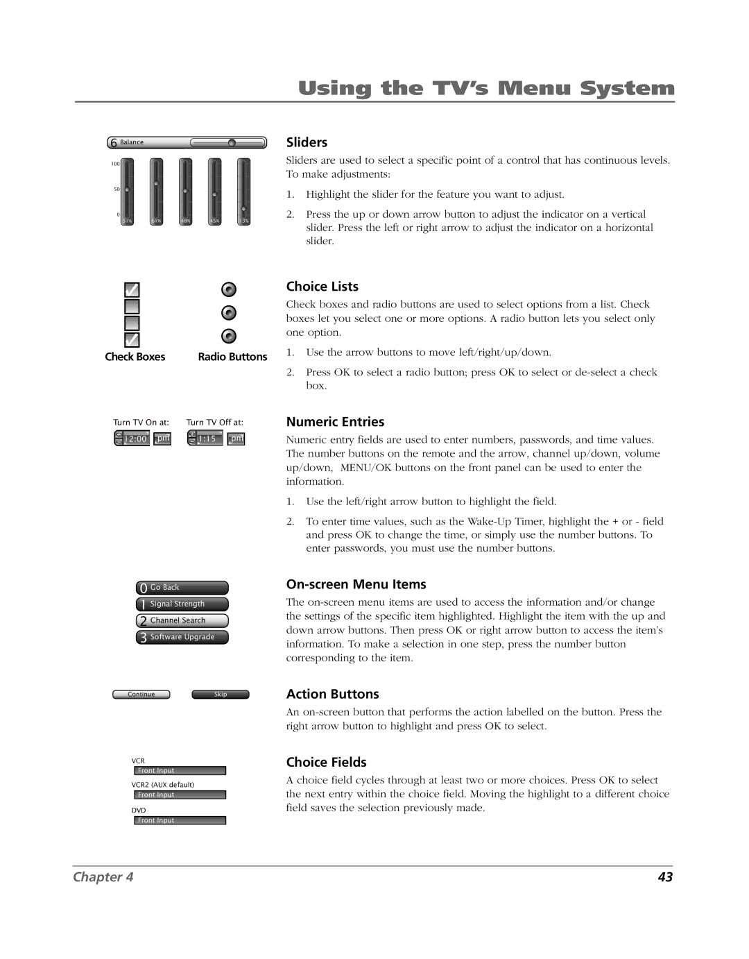 RCA HD52W56 manual Sliders, Choice Lists, Numeric Entries, On-screen Menu Items, Action Buttons, Choice Fields 