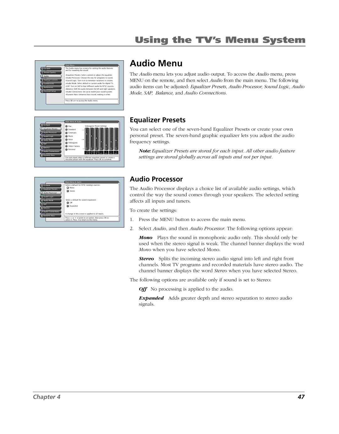 RCA HD52W56 manual Audio Menu, Equalizer Presets, Audio Processor 