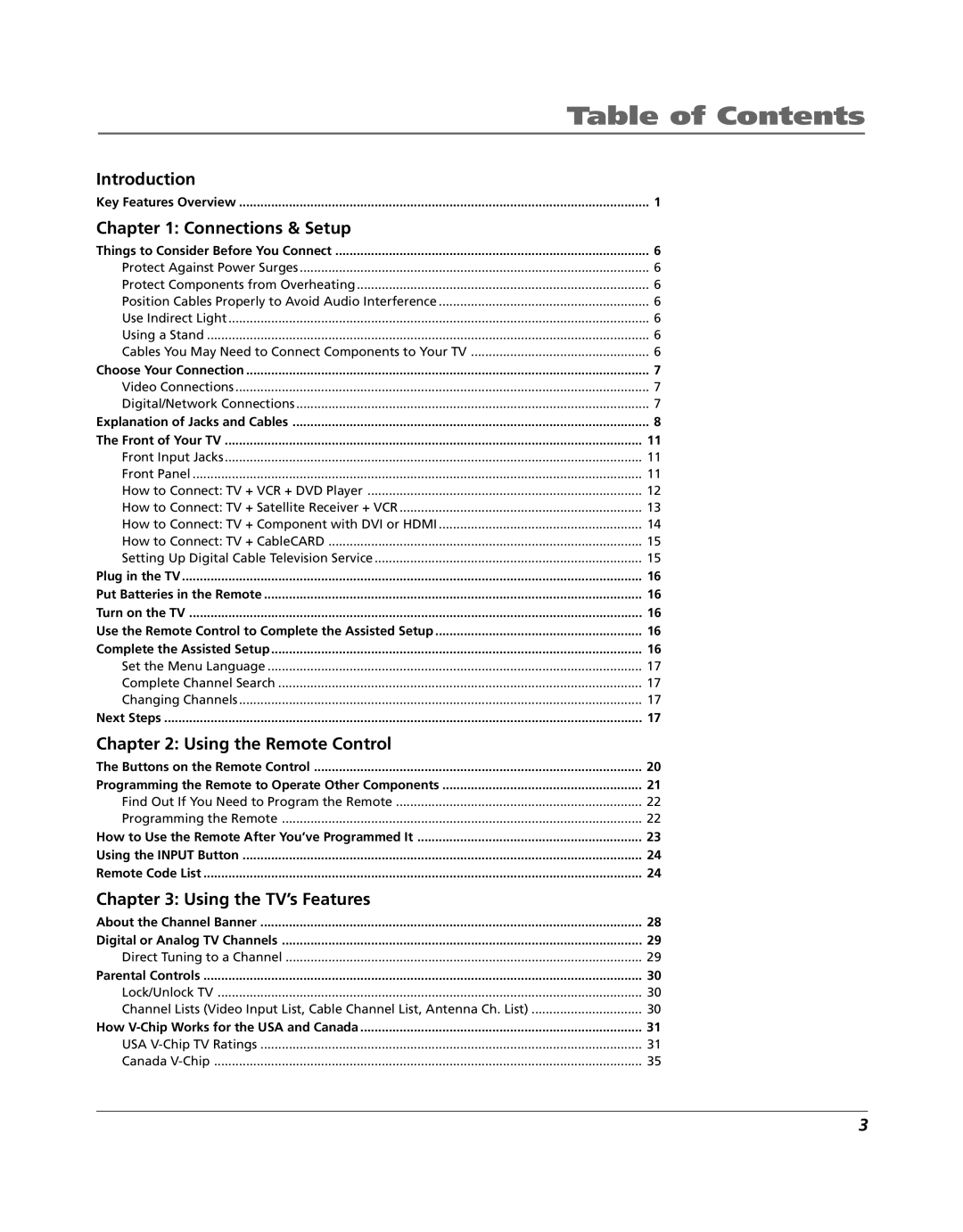 RCA HD52W56 manual Table of Contents 