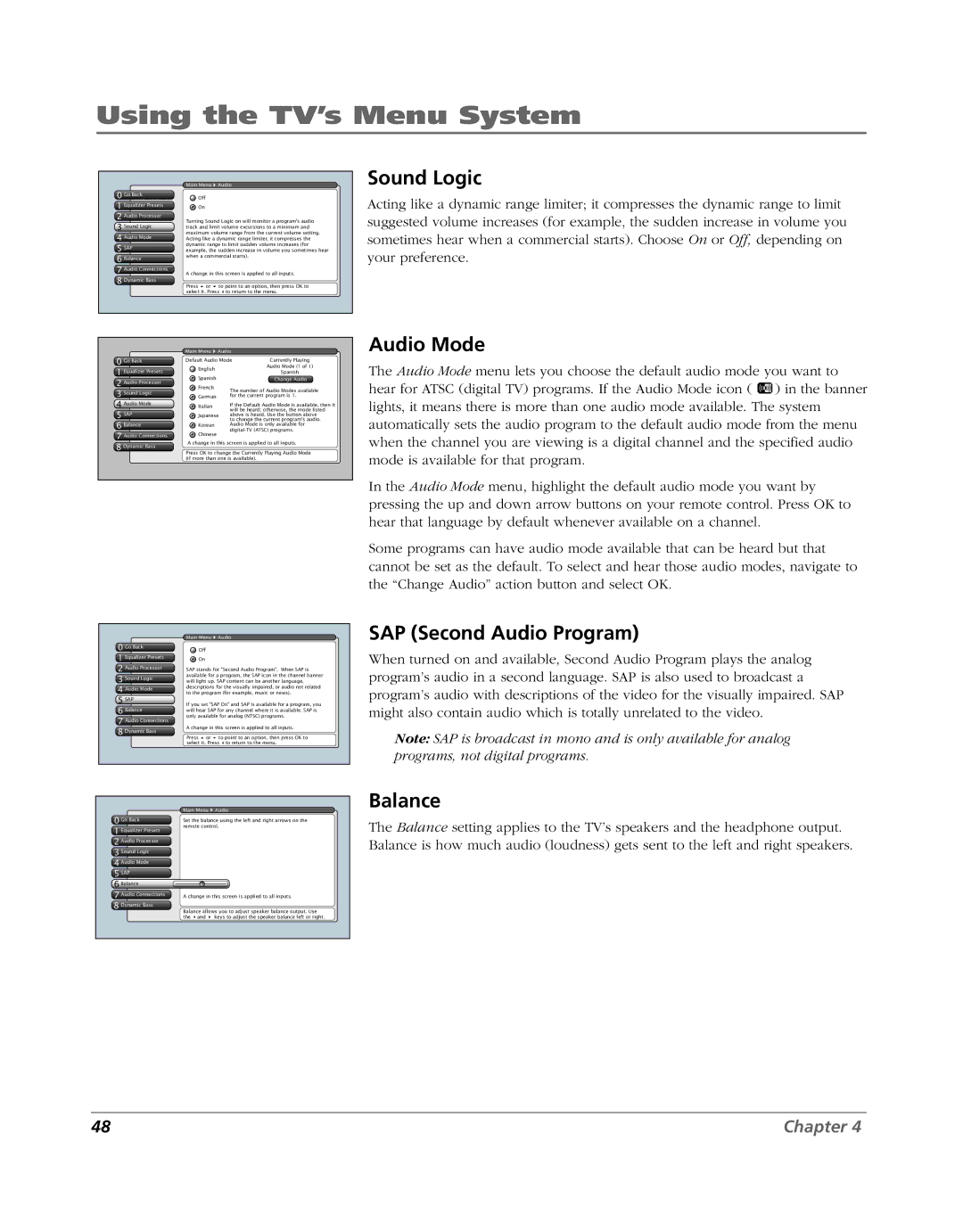 RCA HD52W56 manual Sound Logic, Audio Mode, SAP Second Audio Program, Balance 