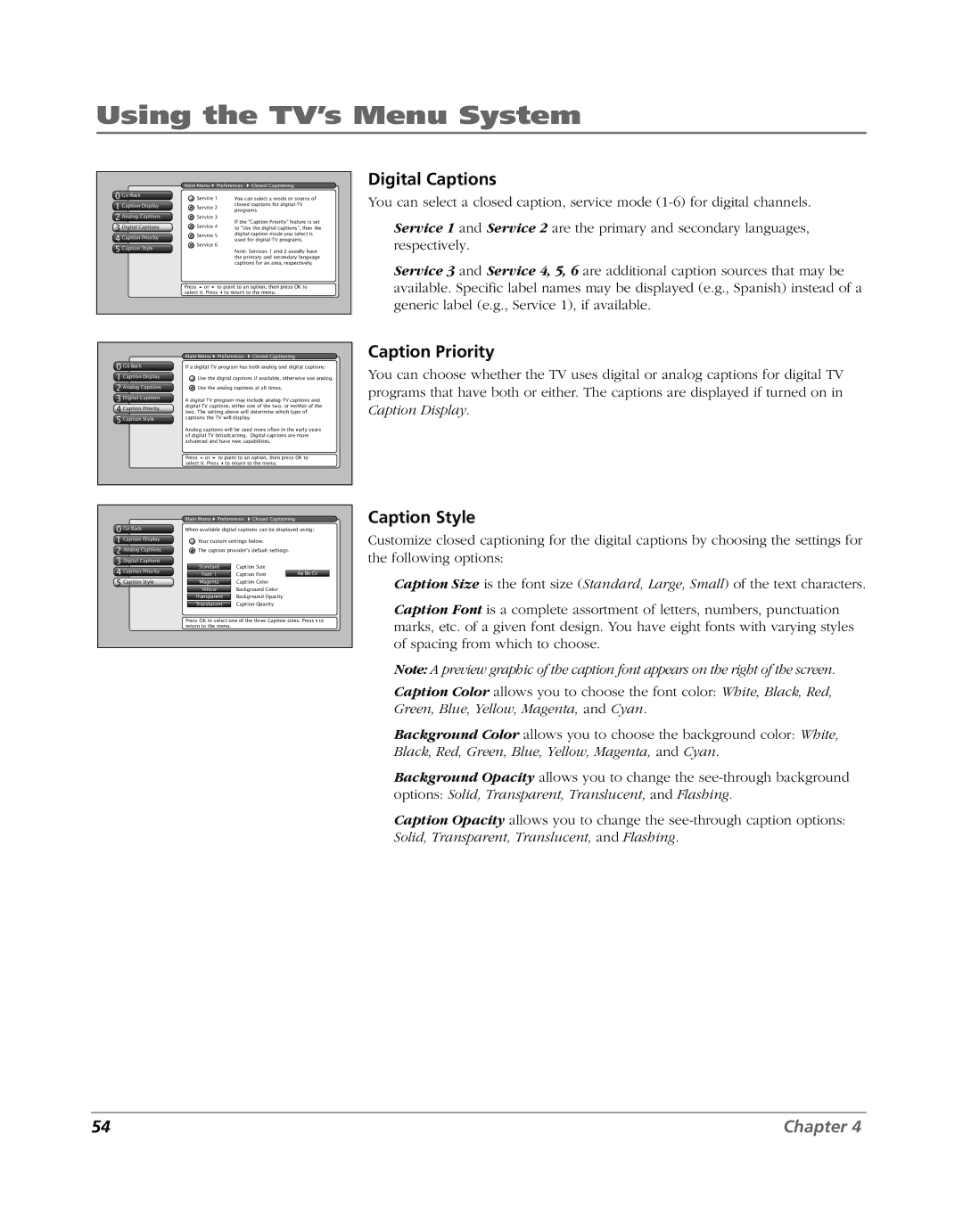 RCA HD52W56 manual Digital Captions, Caption Priority, Caption Style 