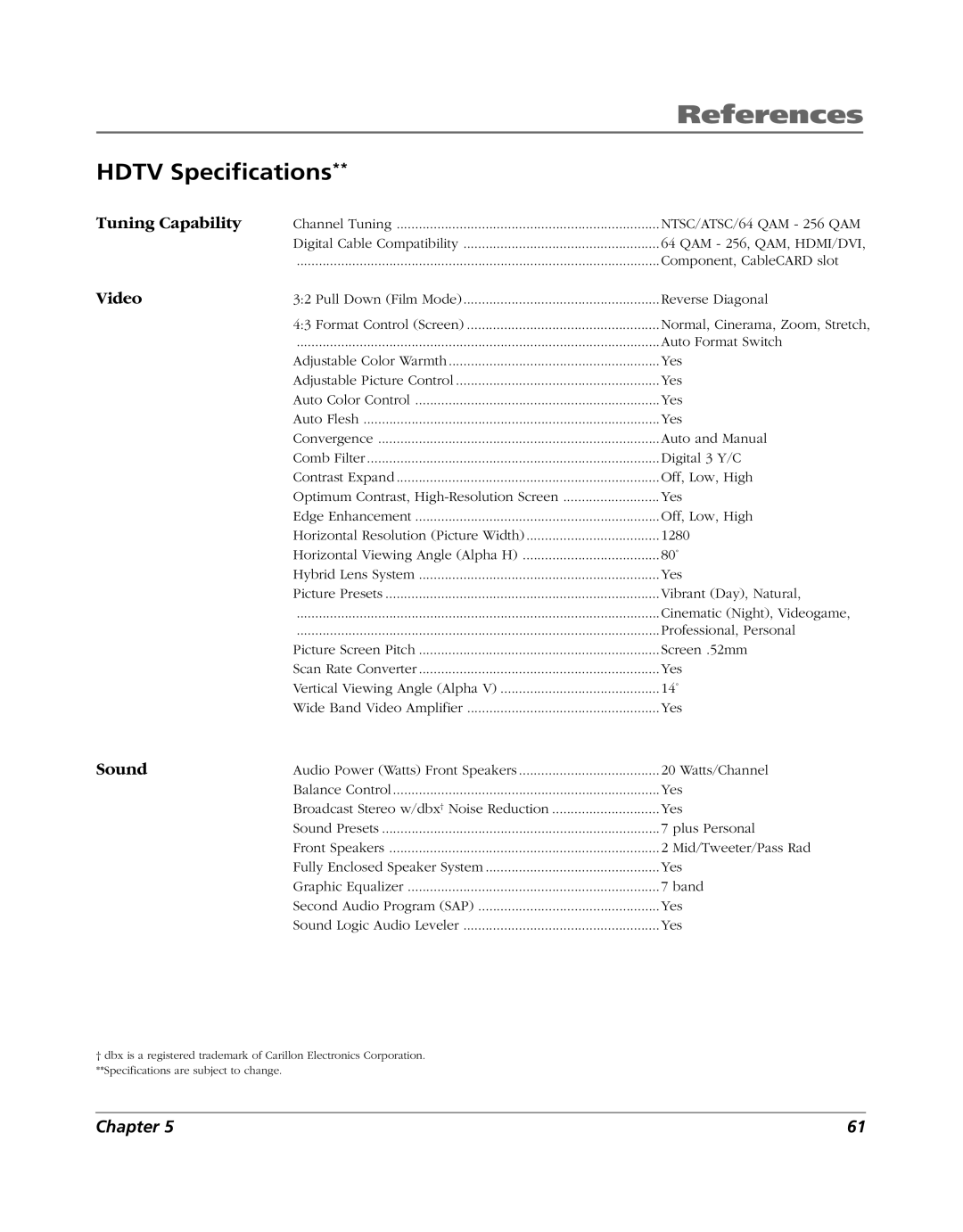 RCA HD52W56 manual Hdtv Specifications 