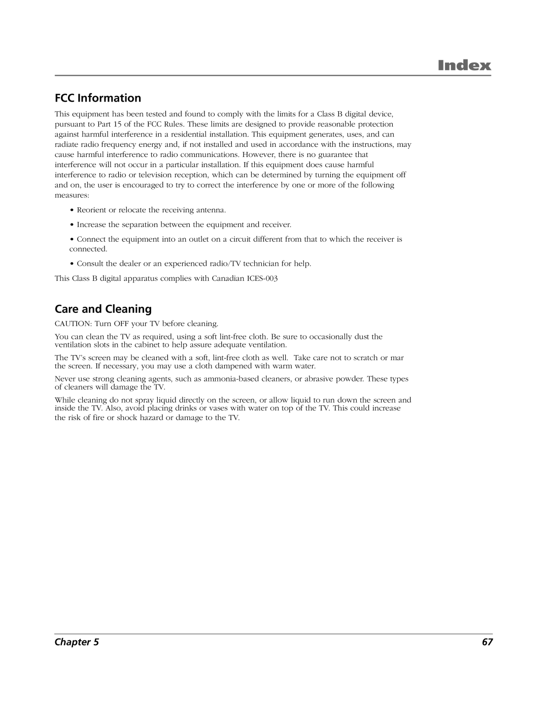 RCA HD52W56 manual Index, FCC Information, Care and Cleaning 