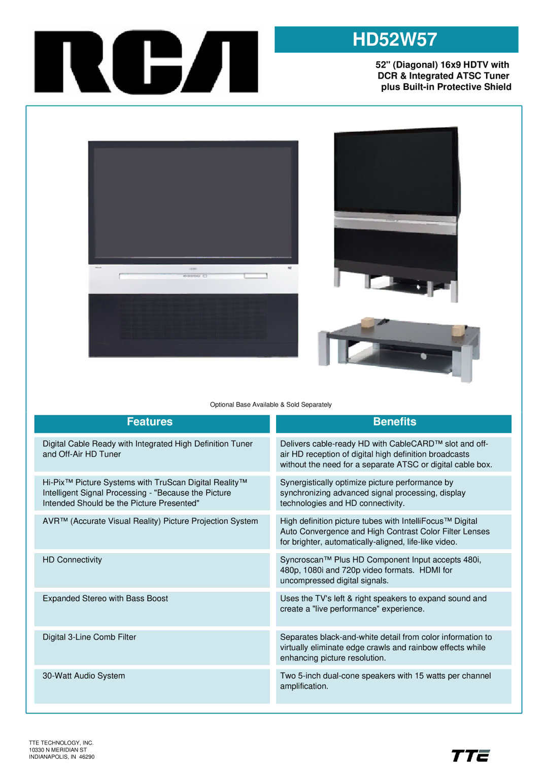 RCA HD52W57 manual TTE TECHNOLOGY, INC N Meridian ST INDIANAPOLIS 