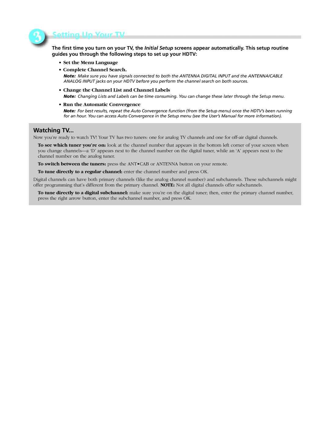 RCA hd52w59 quick start Setting Up Your TV 