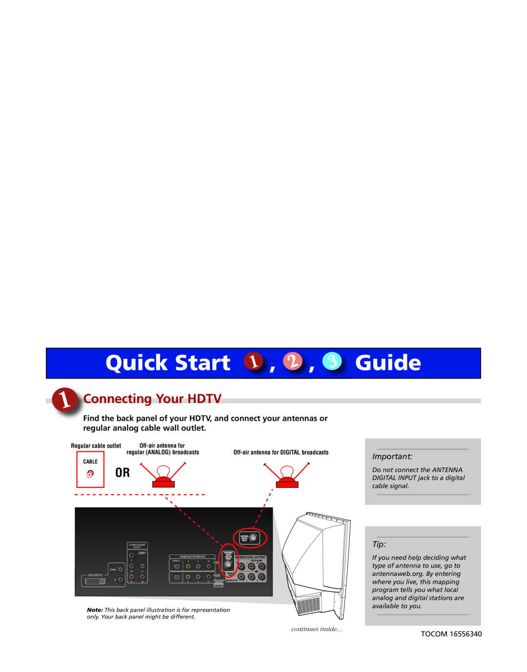 RCA hd52w59 quick start Quick Start, Guide, Connecting Your HDTV, Tocom, continues inside 