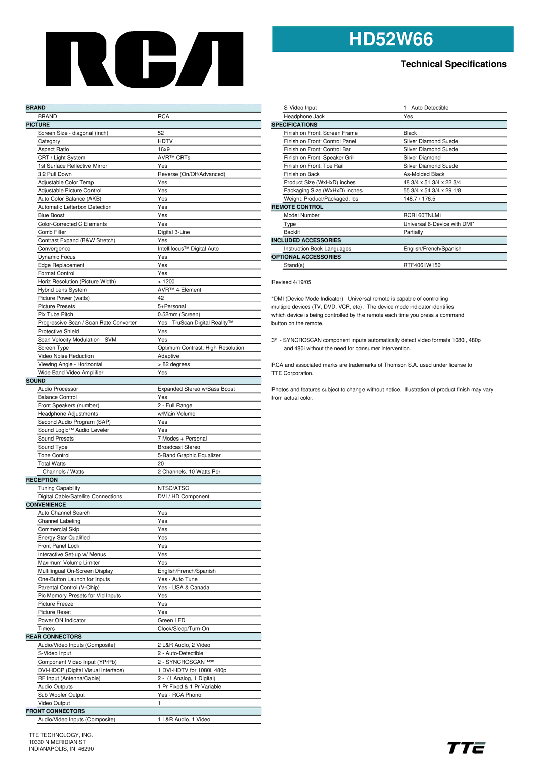 RCA HD52W66 manual Brand, Picture, Sound, Reception, Convenience, Rear Connectors, Front Connectors, Specifications 
