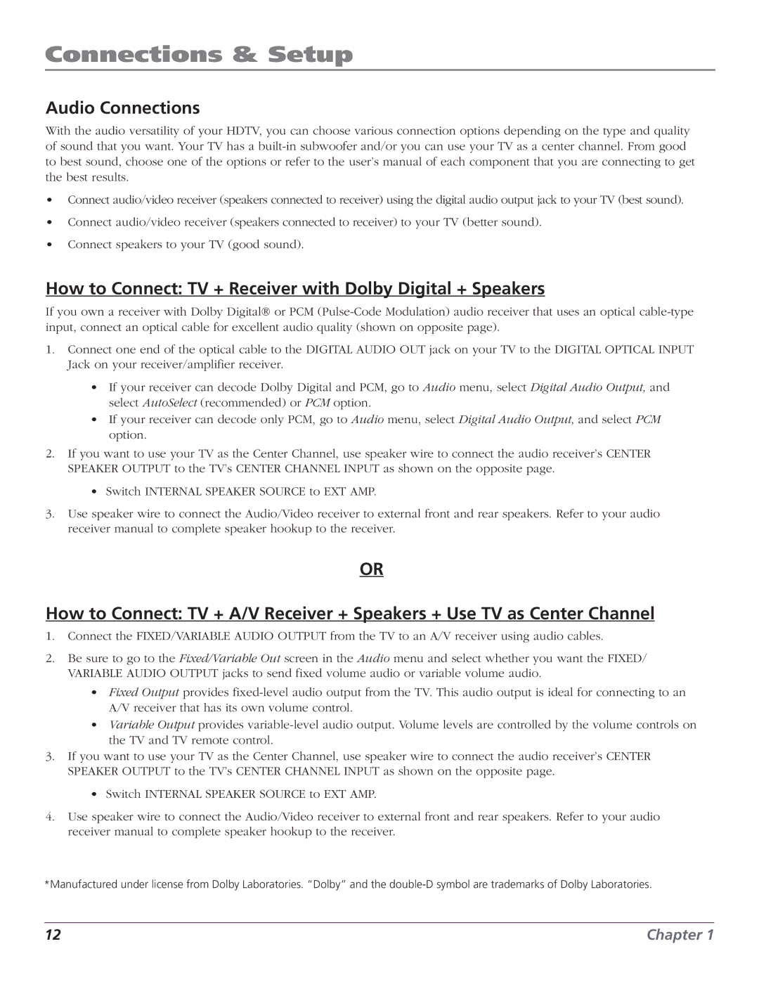 RCA HD56W151 manual Audio Connections, How to Connect TV + Receiver with Dolby Digital + Speakers 