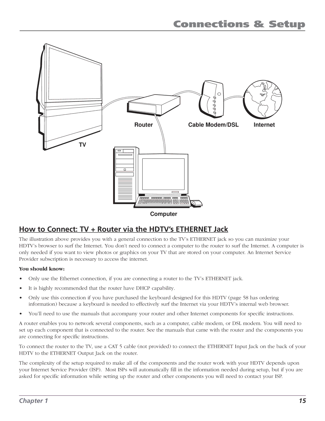 RCA HD56W151 manual How to Connect TV + Router via the HDTV’s Ethernet Jack, You should know 