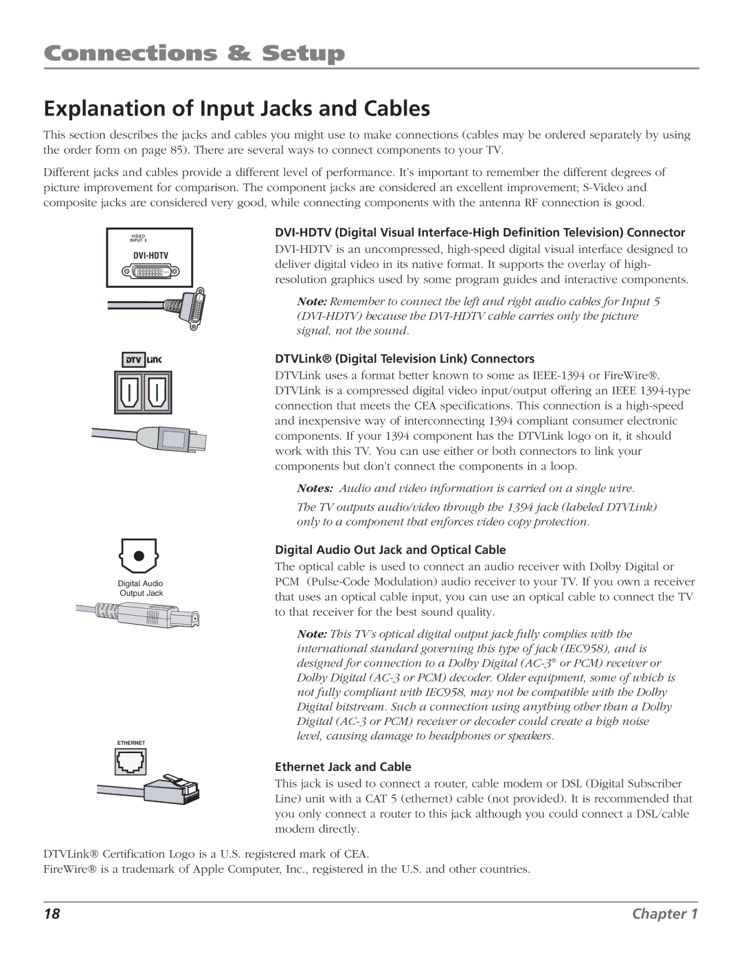 RCA HD56W151 Explanation of Input Jacks and Cables, DTVLink Digital Television Link Connectors, Ethernet Jack and Cable 