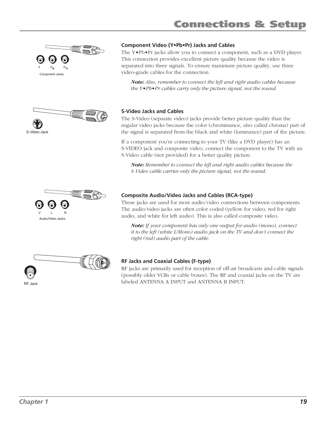 RCA HD56W151 manual Component Video YPbPr Jacks and Cables, Video Jacks and Cables, RF Jacks and Coaxial Cables F-type 