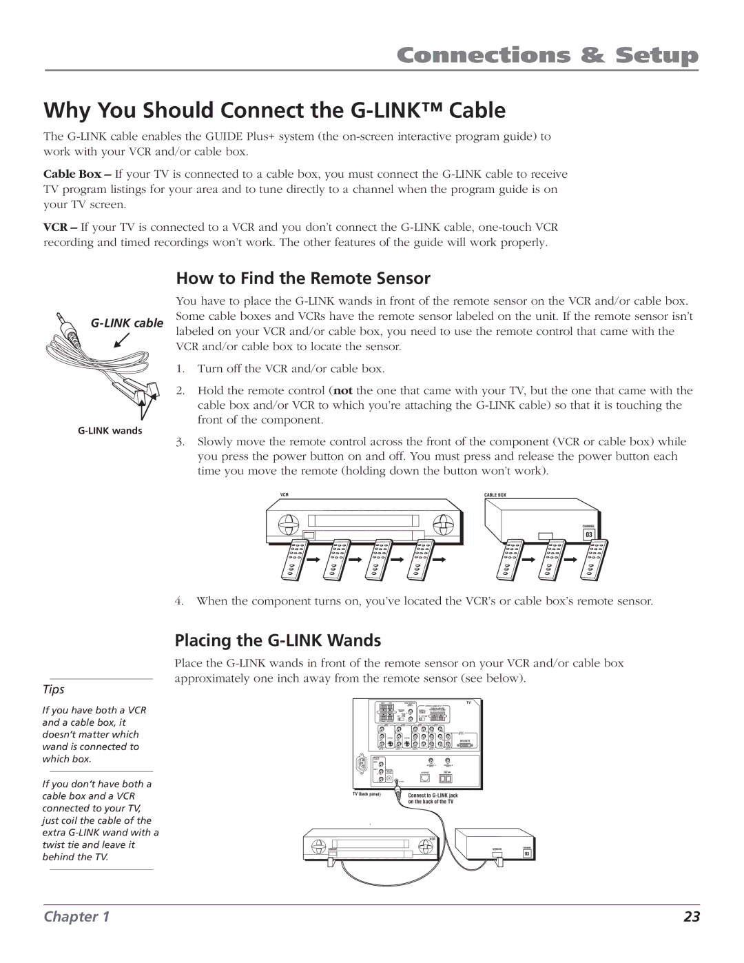 RCA HD56W151 manual Why You Should Connect the G-LINK Cable, How to Find the Remote Sensor, Placing the G-LINK Wands 