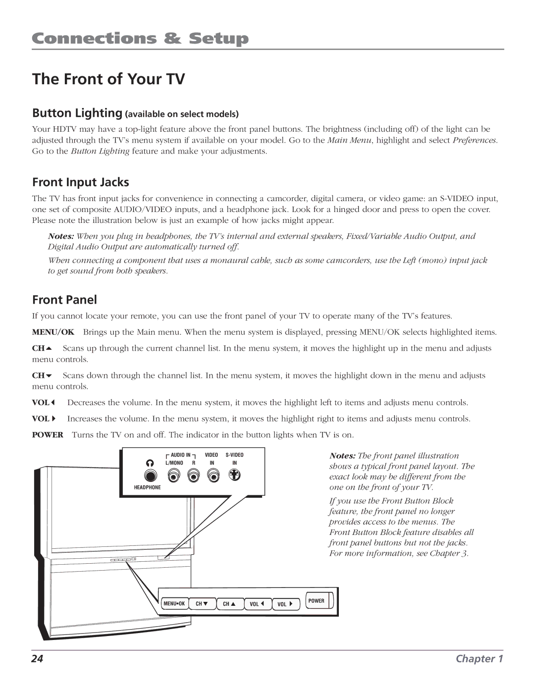 RCA HD56W151 manual Front of Your TV, Front Input Jacks, Front Panel, Button Lighting available on select models 