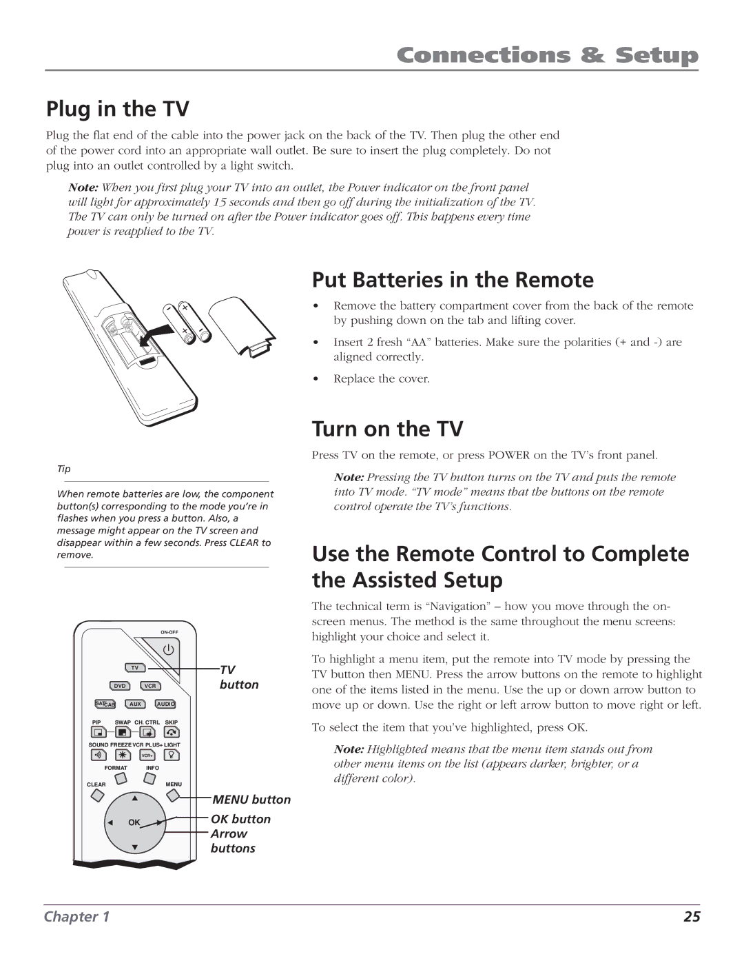 RCA HD56W151 manual Plug in the TV, Put Batteries in the Remote, Turn on the TV 