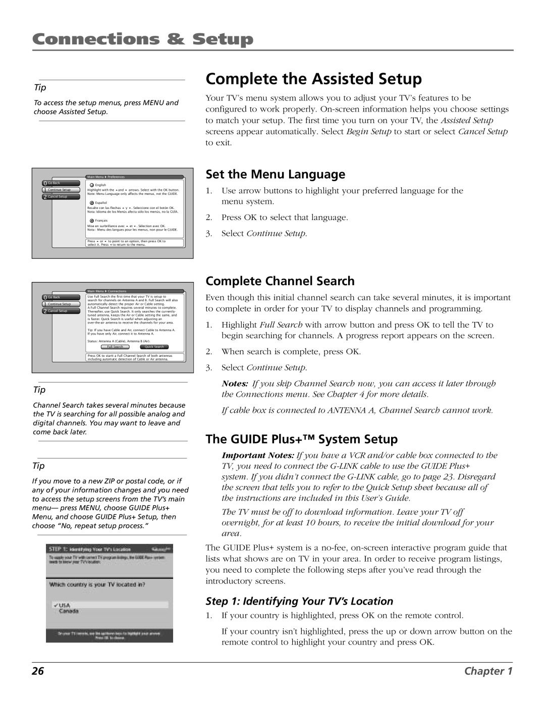 RCA HD56W151 manual Complete the Assisted Setup, Set the Menu Language, Complete Channel Search, Guide Plus+ System Setup 