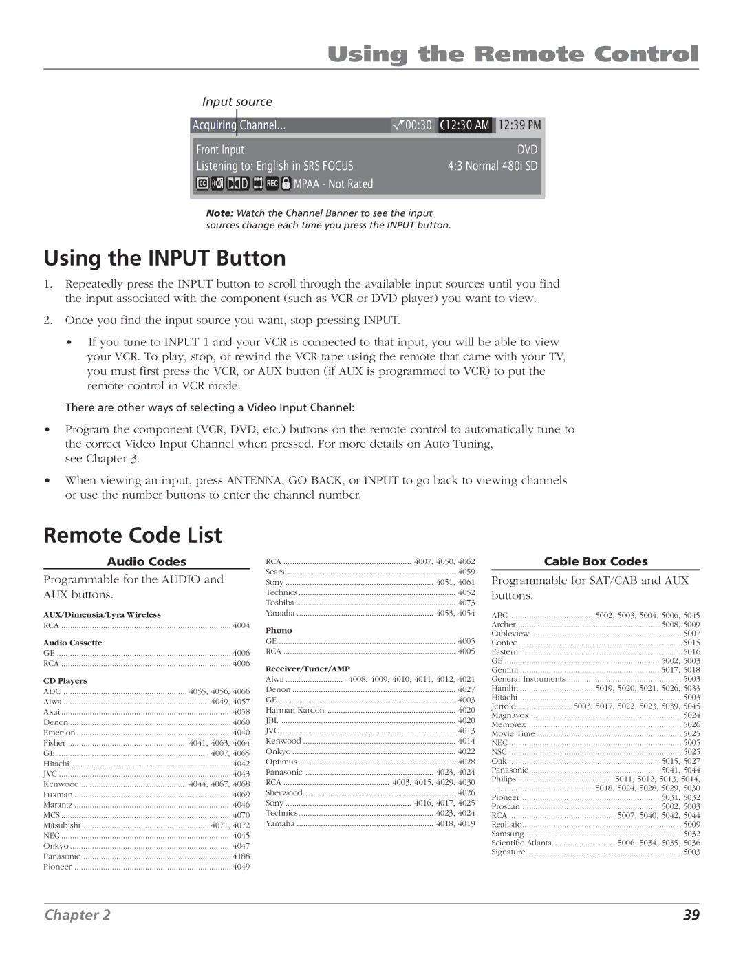 RCA HD56W151 manual Using the Input Button, Remote Code List, Audio Codes, Cable Box Codes 