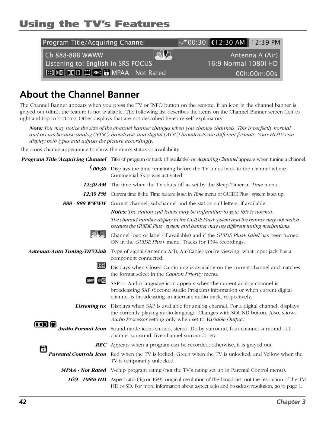 RCA HD56W151 manual Using the TV’s Features, About the Channel Banner 