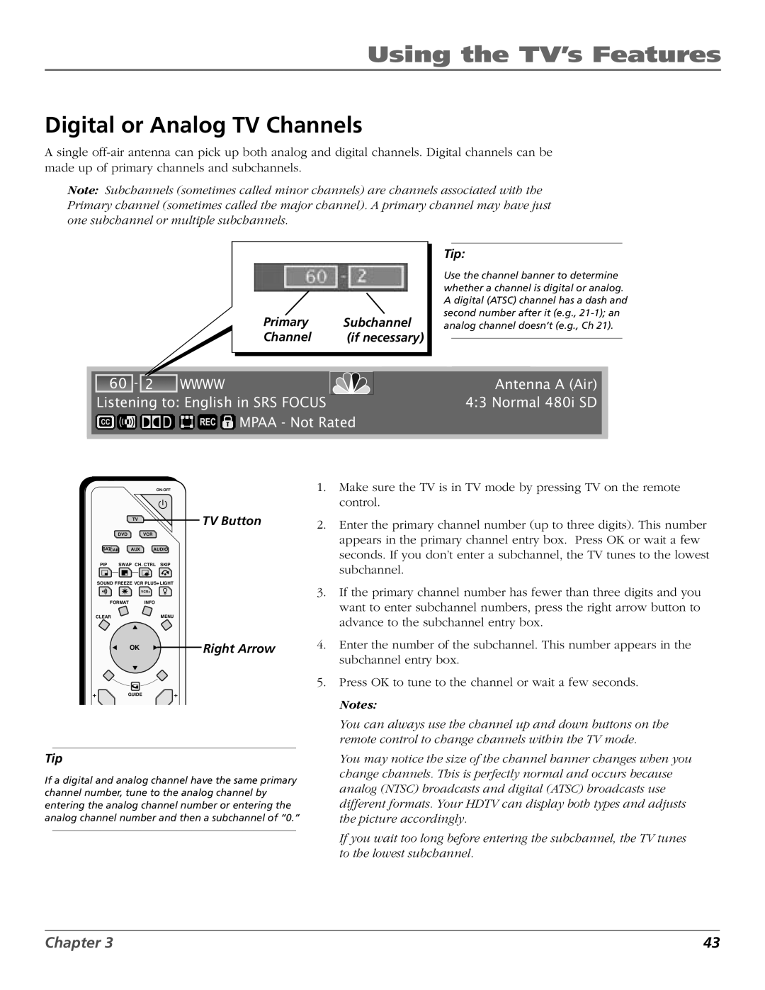 RCA HD56W151 manual Digital or Analog TV Channels, Primary Subchannel Channel If necessary Tip 