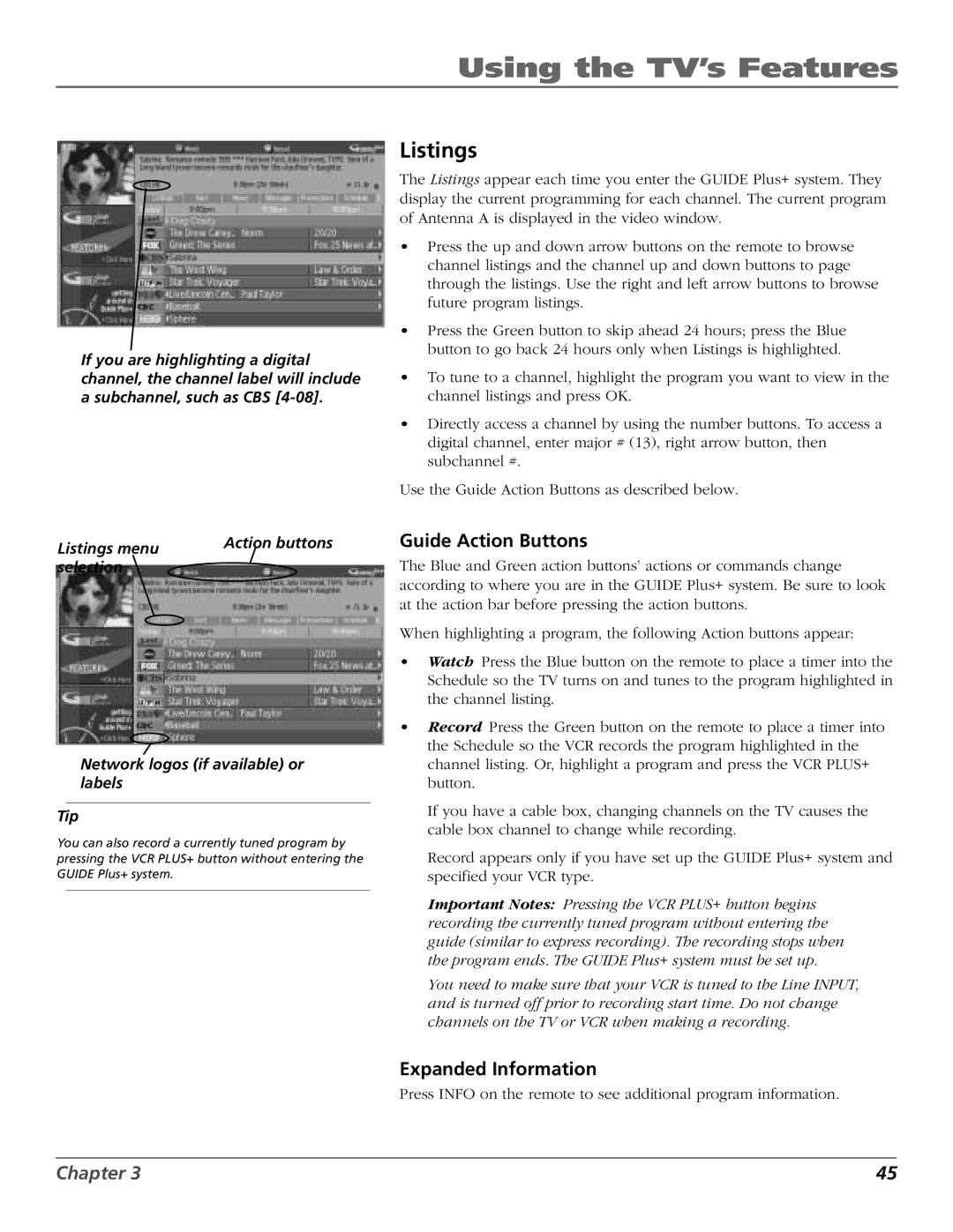 RCA HD56W151 manual Listings, Guide Action Buttons, Expanded Information 