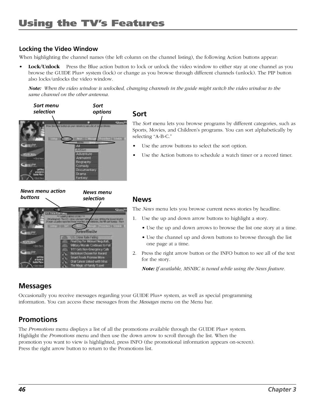 RCA HD56W151 manual Sort, News, Messages, Promotions, Locking the Video Window 