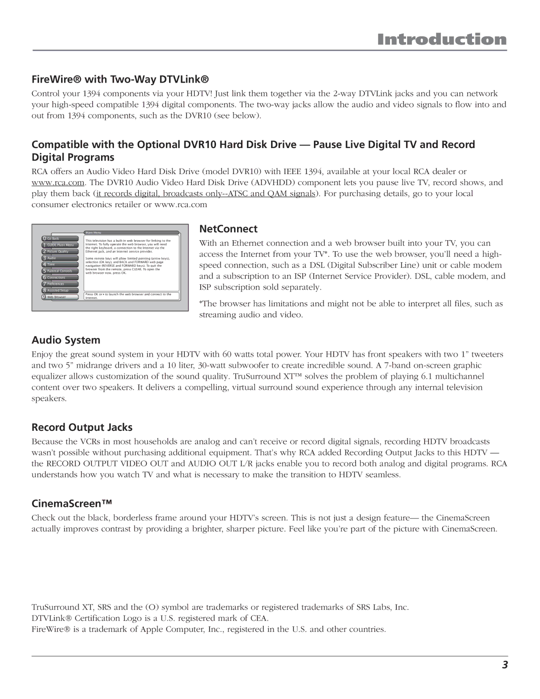 RCA HD56W151 manual FireWire with Two-Way DTVLink, NetConnect, Audio System, Record Output Jacks, CinemaScreen 