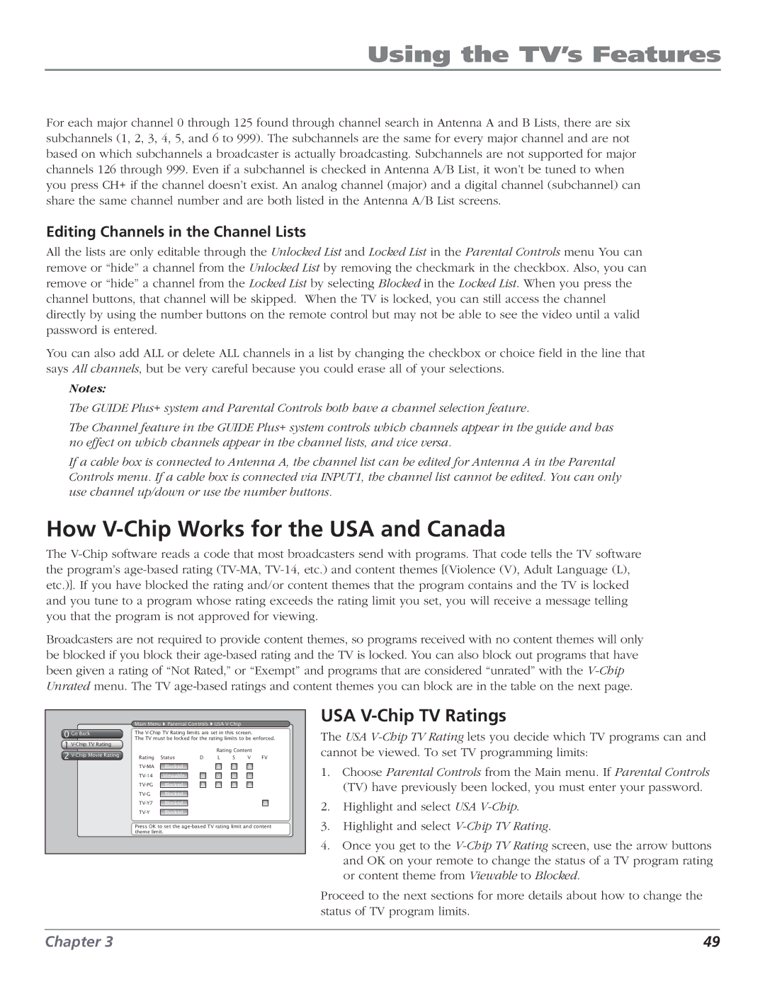 RCA HD56W151 manual How V-Chip Works for the USA and Canada, USA V-Chip TV Ratings, Editing Channels in the Channel Lists 