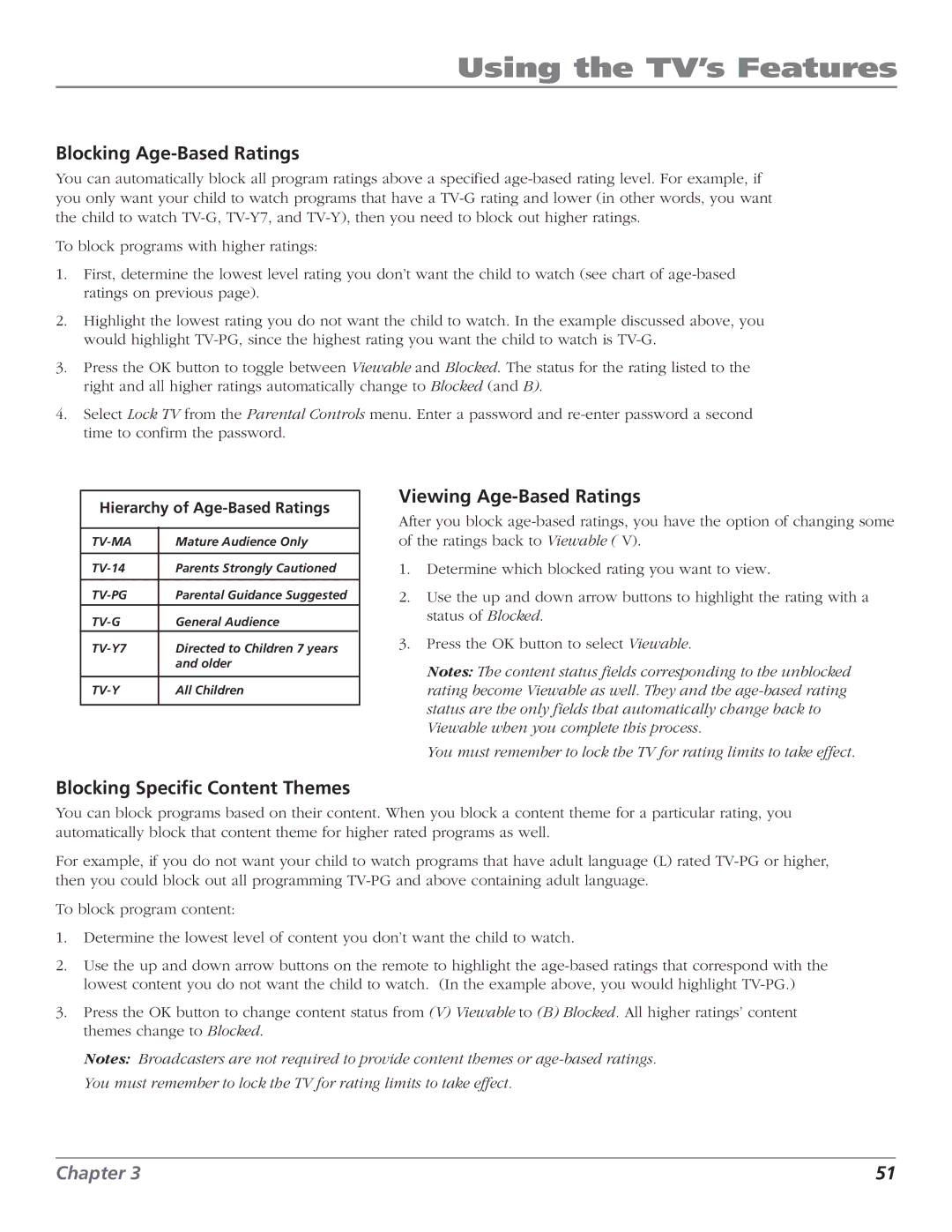 RCA HD56W151 manual Blocking Age-Based Ratings, Blocking Specific Content Themes Viewing Age-Based Ratings 