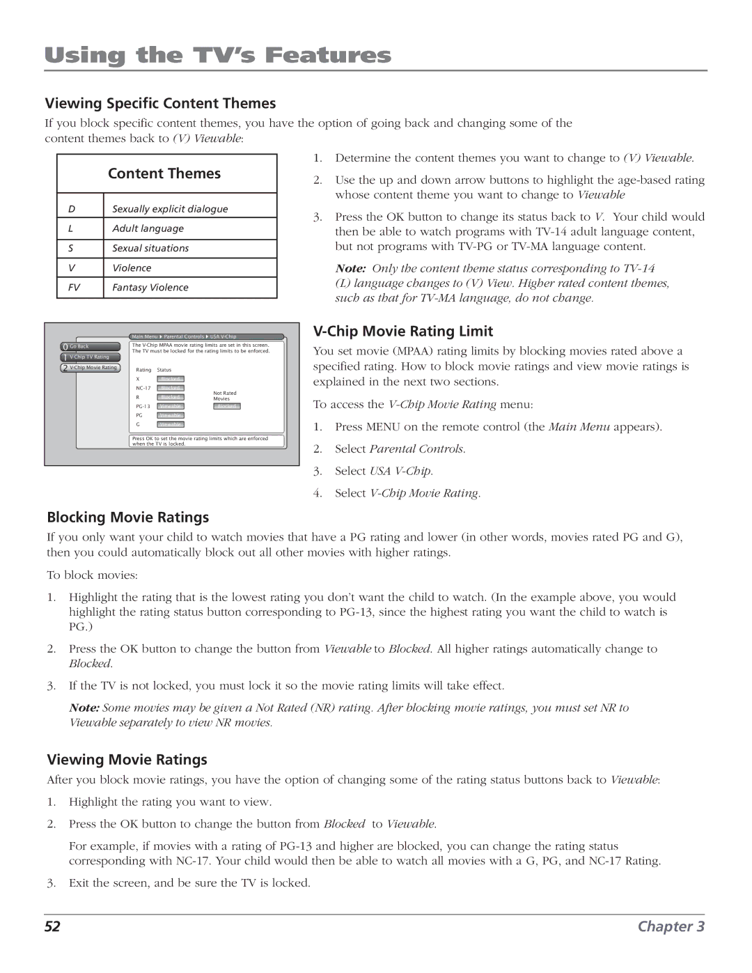 RCA HD56W151 manual Viewing Specific Content Themes, Chip Movie Rating Limit, Blocking Movie Ratings, Viewing Movie Ratings 