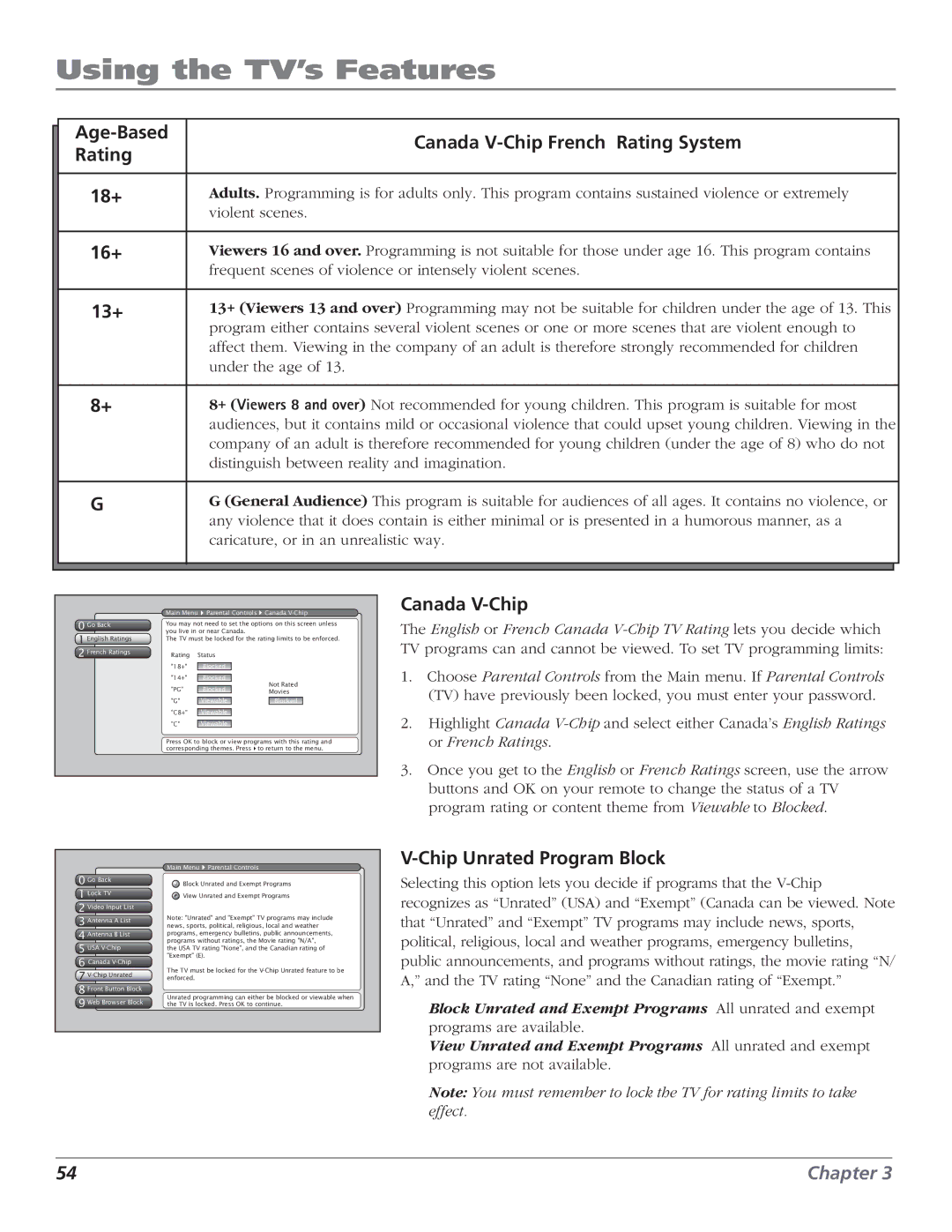 RCA HD56W151 manual Age-Based Canada V-Chip French Rating System 18+, 16+, 13+, Chip Unrated Program Block 