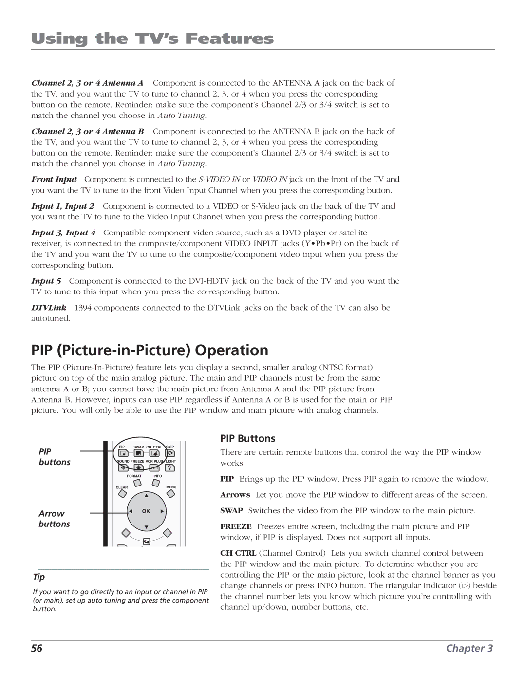 RCA HD56W151 manual PIP Picture-in-Picture Operation, PIP Buttons 