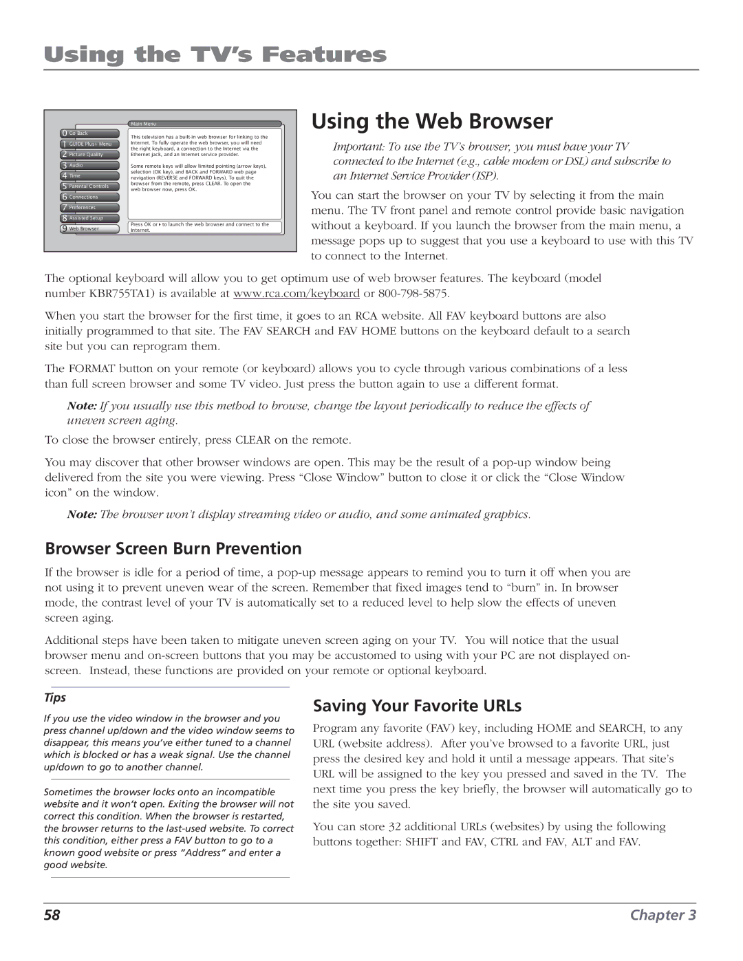 RCA HD56W151 manual Using the Web Browser, Browser Screen Burn Prevention, Saving Your Favorite URLs 