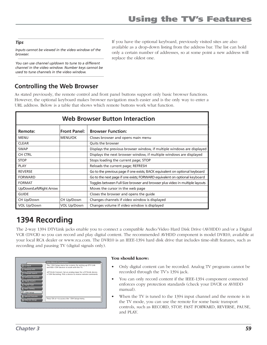 RCA HD56W151 Recording, Controlling the Web Browser, Web Browser Button Interaction, Remote Front Panel Browser Function 