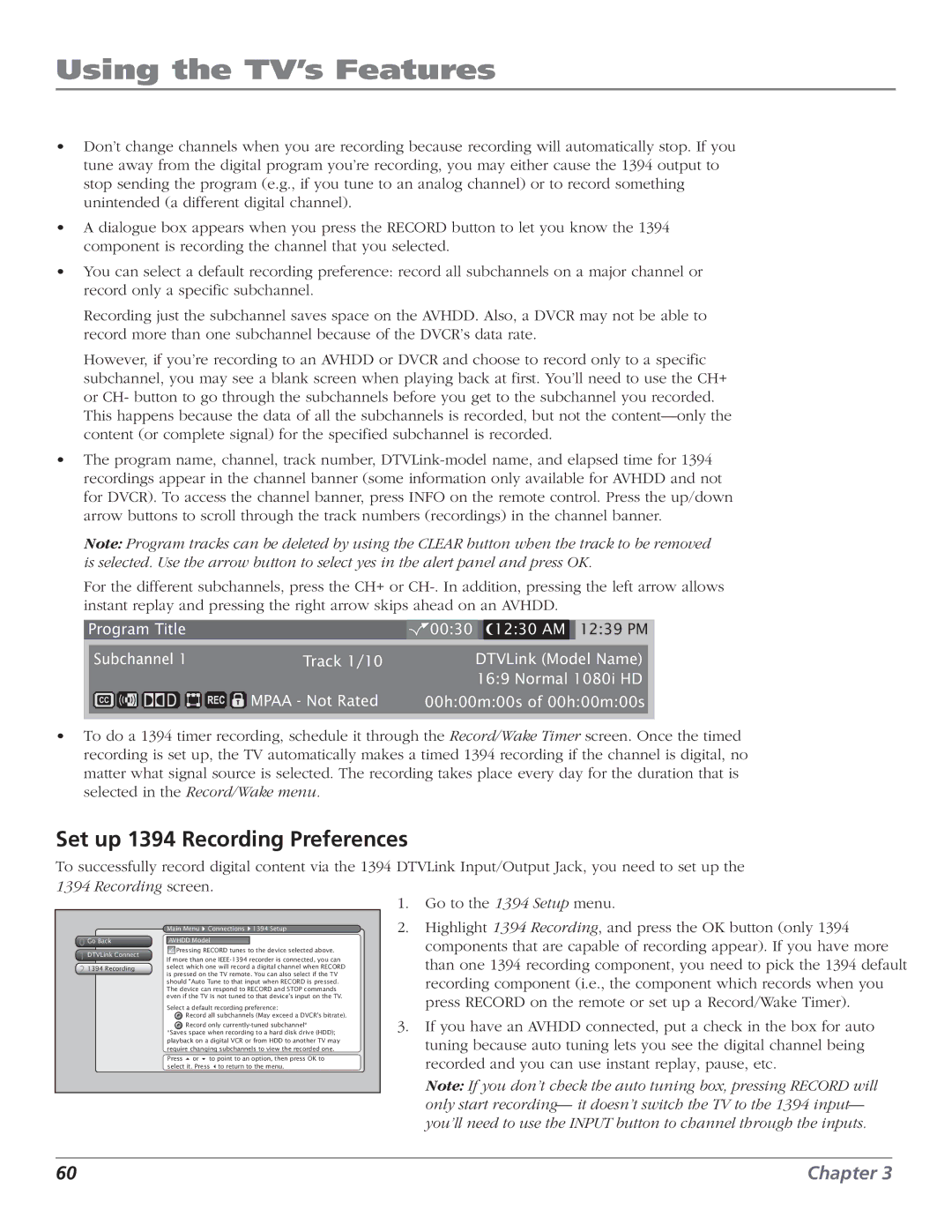 RCA HD56W151 manual Set up 1394 Recording Preferences, Mpaa Not Rated Normal 1080i HD 00h00m00s of 00h00m00s 