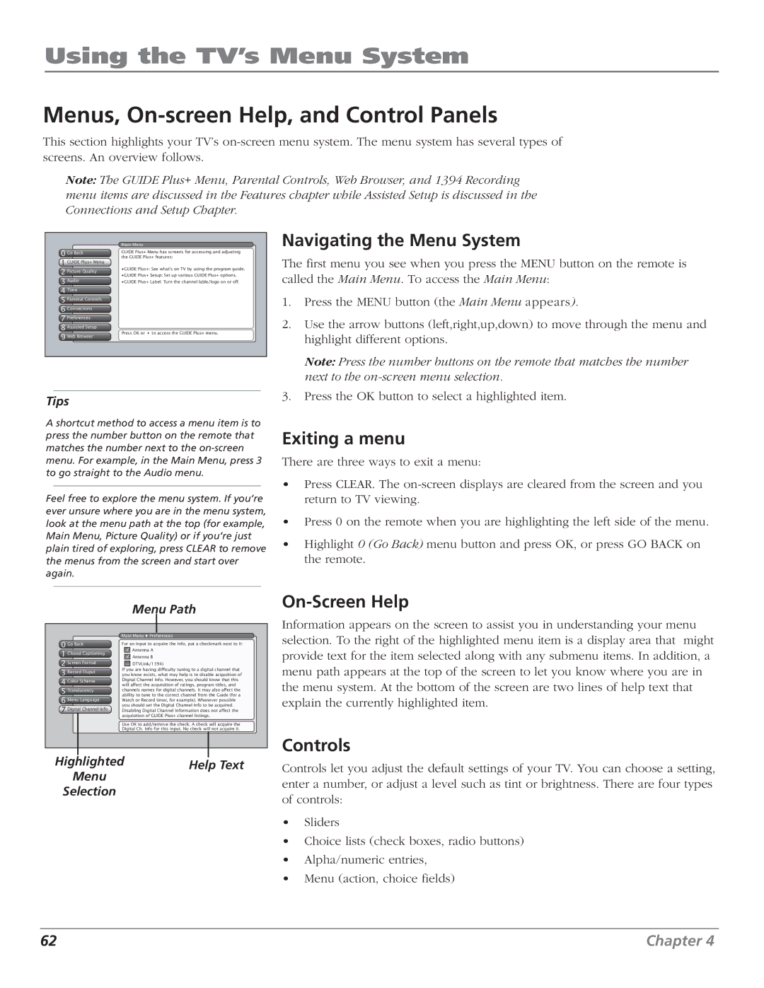 RCA HD56W151 manual Using the TV’s Menu System, Menus, On-screen Help, and Control Panels 