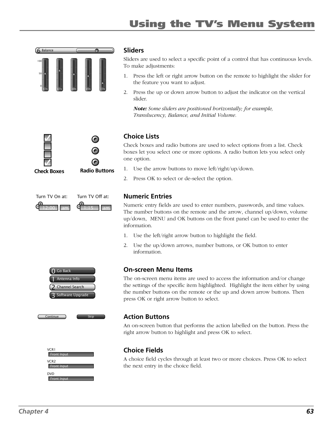 RCA HD56W151 manual Choice Lists, Numeric Entries, On-screen Menu Items, Action Buttons, Choice Fields 