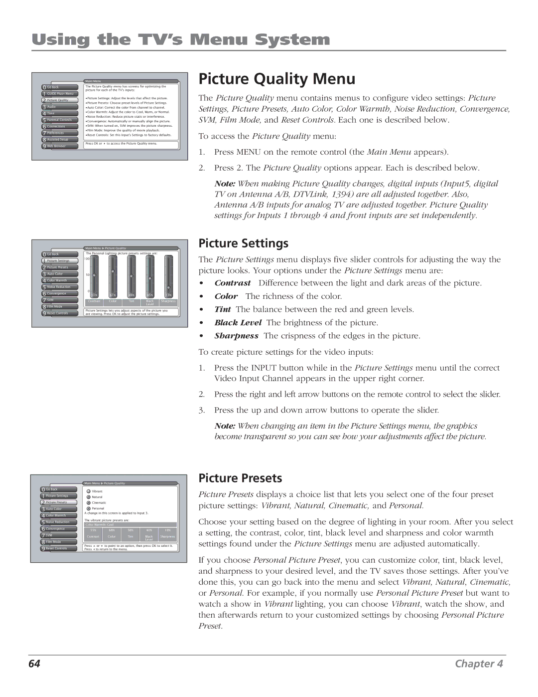 RCA HD56W151 manual Picture Quality Menu, Picture Settings, Picture Presets 