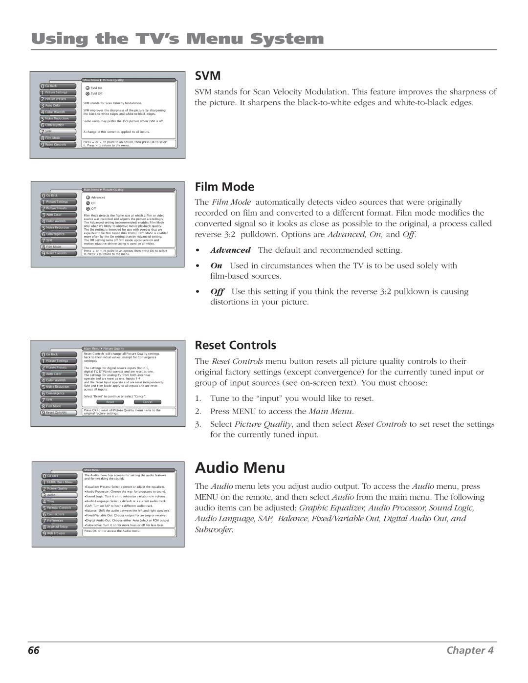 RCA HD56W151 manual Audio Menu, Film Mode, Reset Controls, Go Back Guide Plus+ Menu Picture Quality 