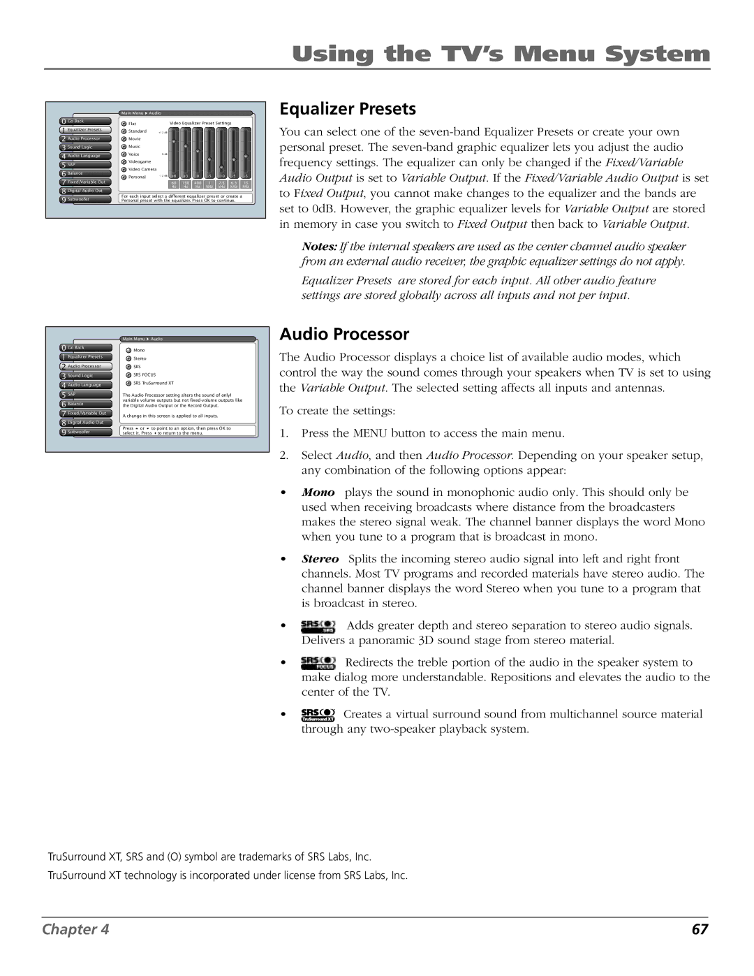 RCA HD56W151 manual Equalizer Presets, Audio Processor 