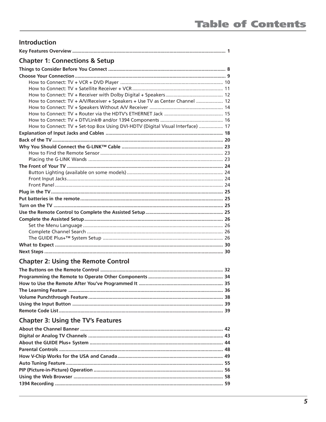 RCA HD56W151 manual Table of Contents 