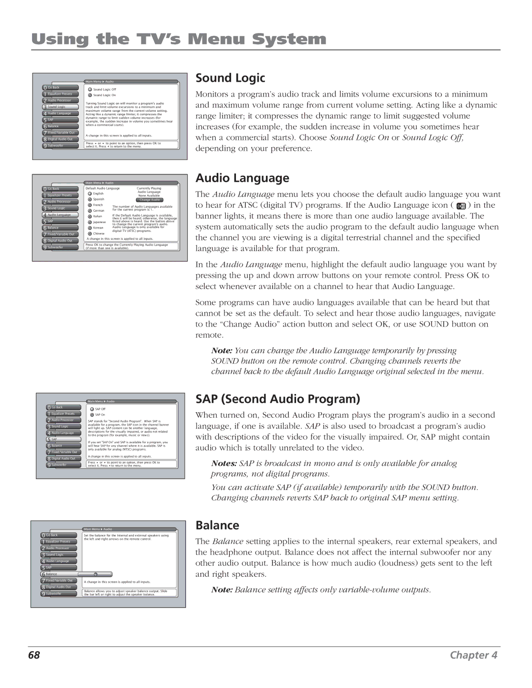 RCA HD56W151 manual Sound Logic, Audio Language, SAP Second Audio Program, Balance 