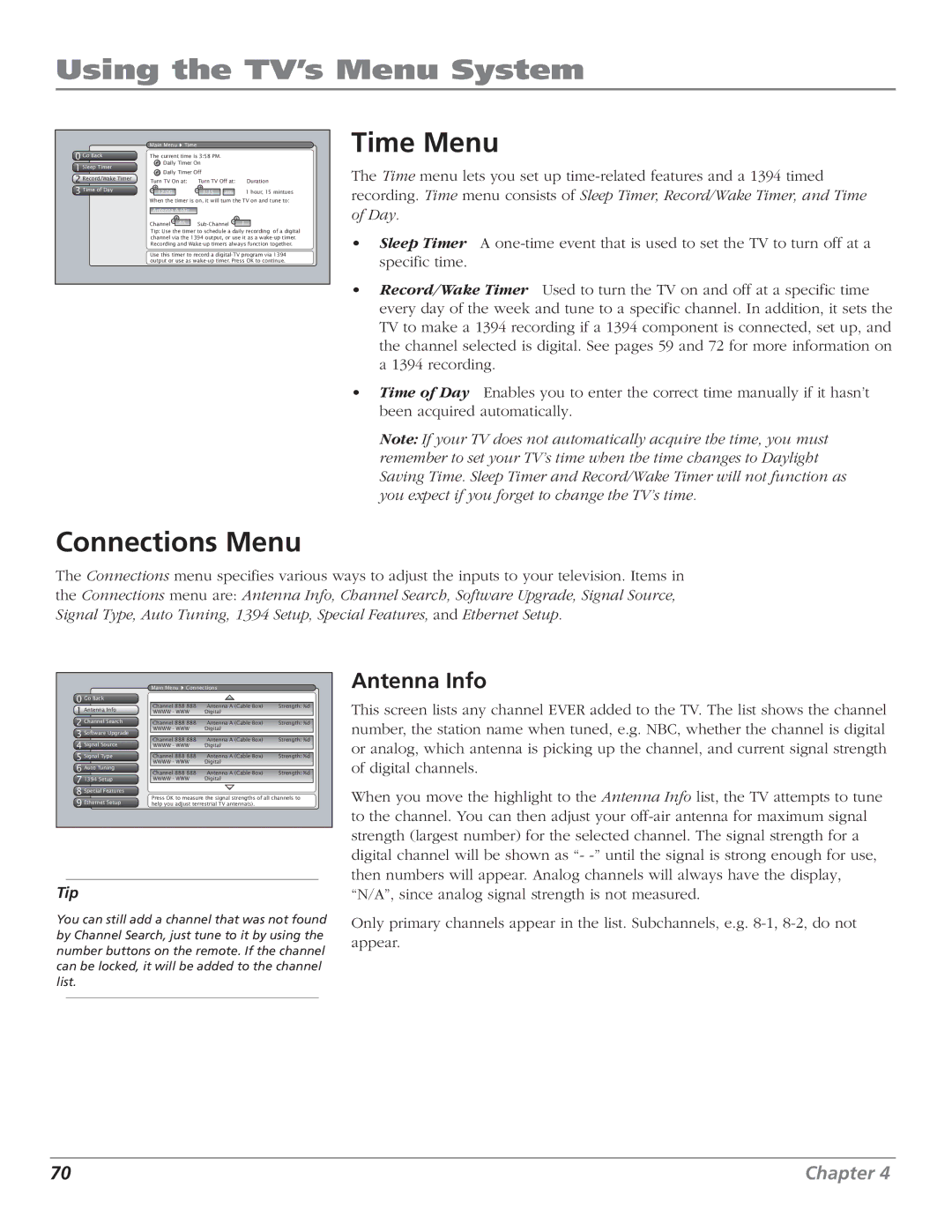 RCA HD56W151 manual Time Menu, Connections Menu, Antenna Info 