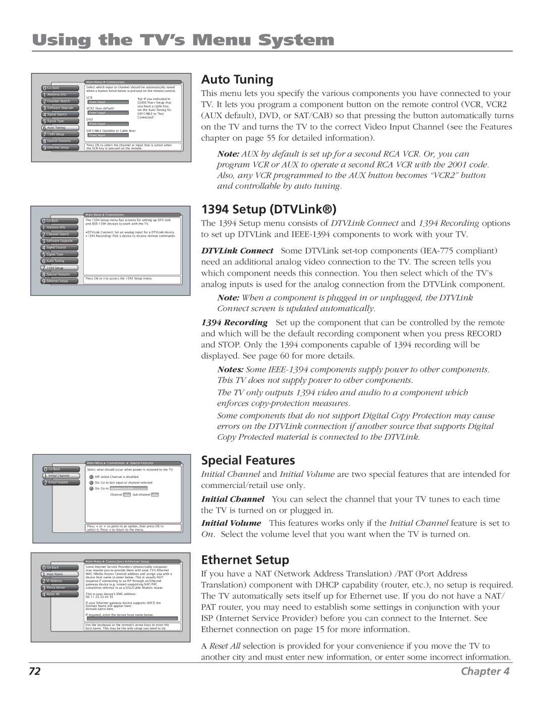 RCA HD56W151 manual Auto Tuning, Setup DTVLink, Special Features, Ethernet Setup 