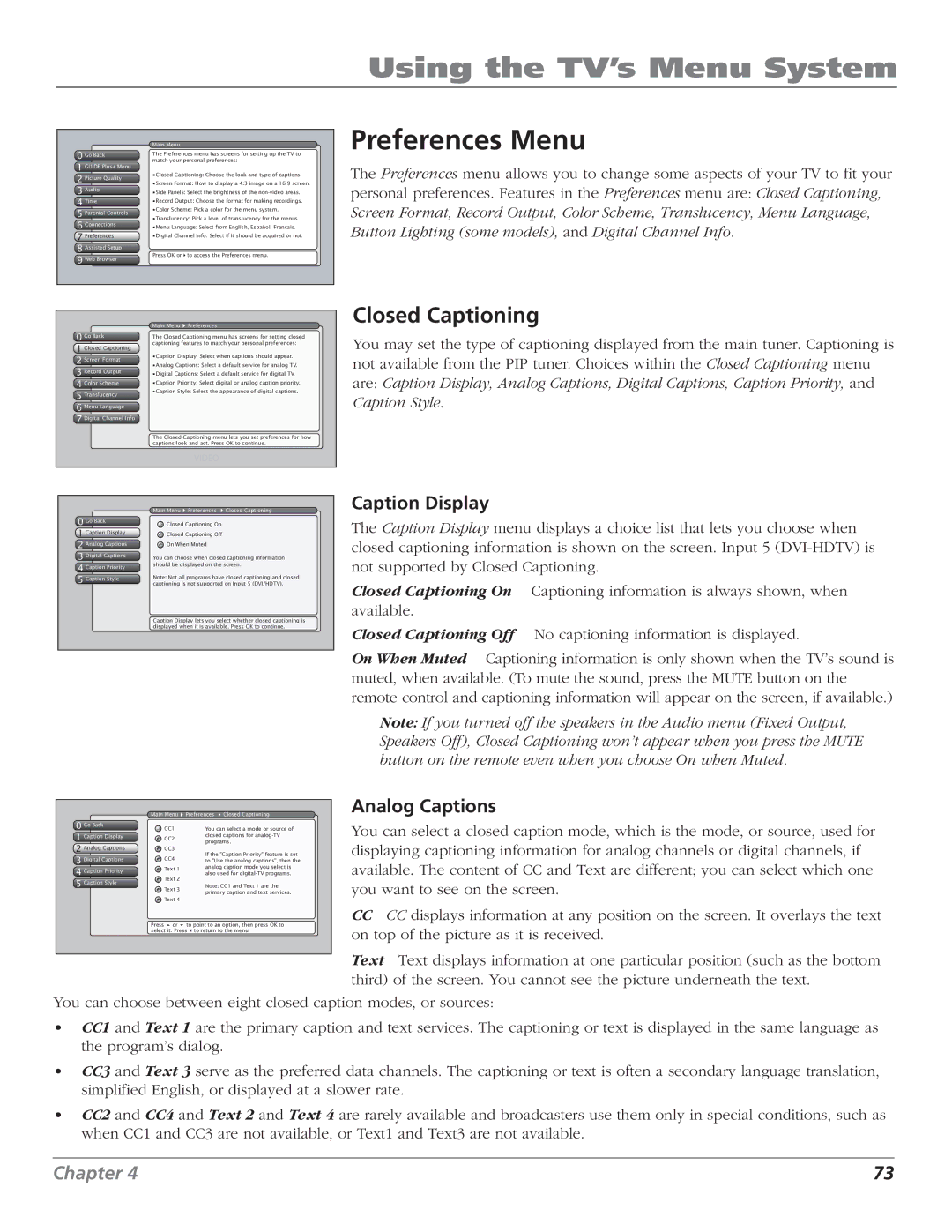 RCA HD56W151 manual Preferences Menu, Closed Captioning, Caption Display, Analog Captions 