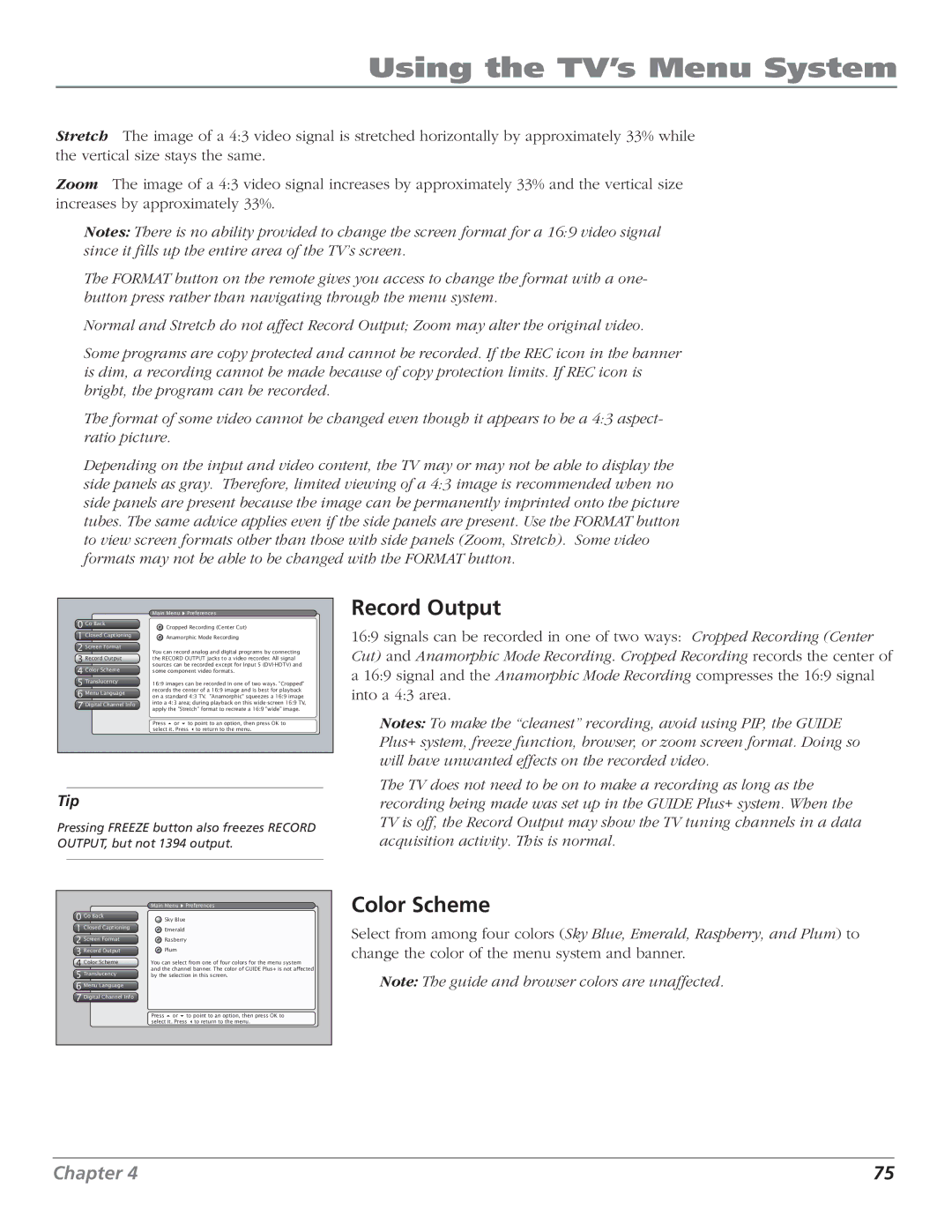RCA HD56W151 manual Record Output, Color Scheme, Go Back Closed Captioning Screen Format 