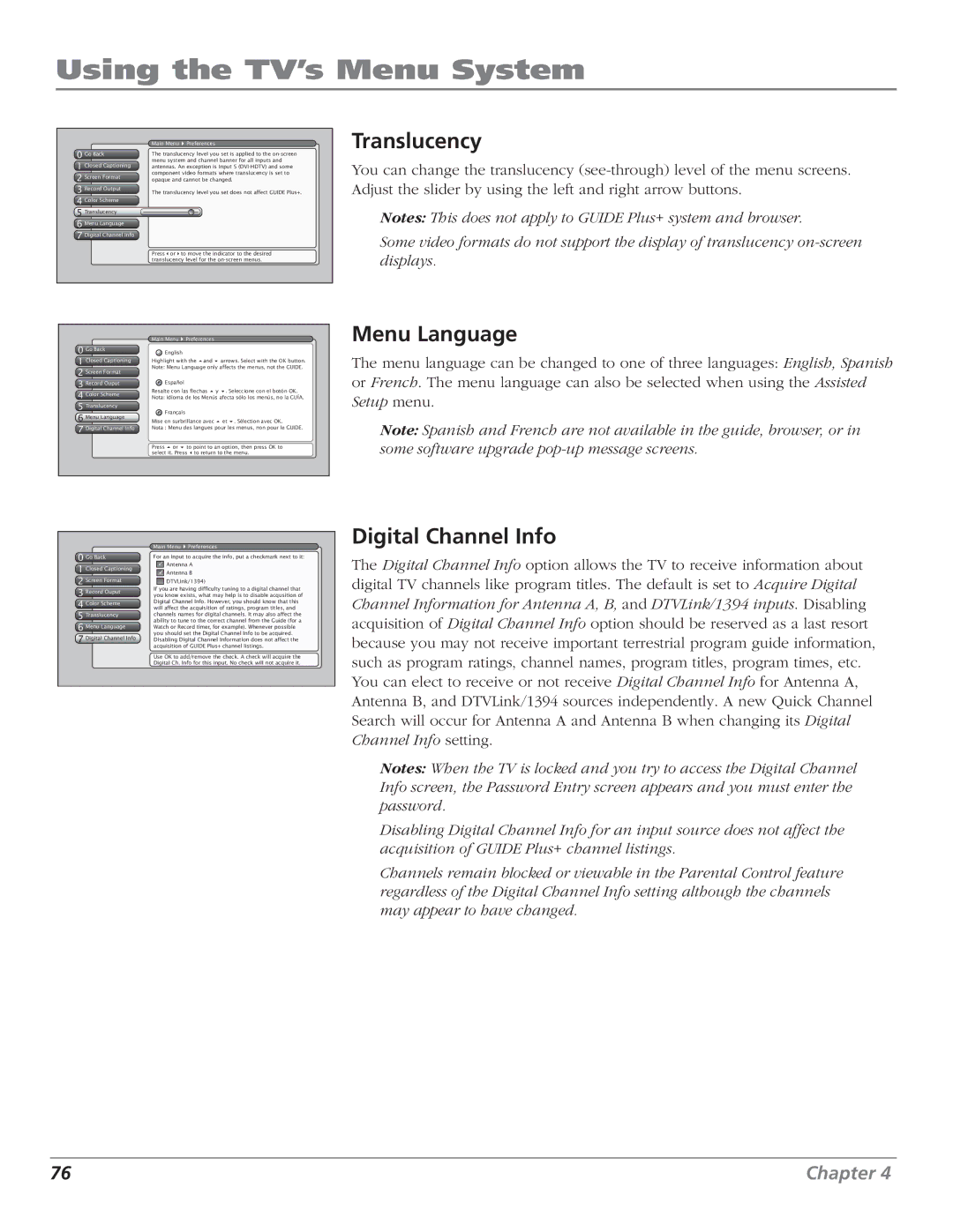 RCA HD56W151 manual Translucency, Menu Language Digital Channel Info, Go Back English Closed Captioning 