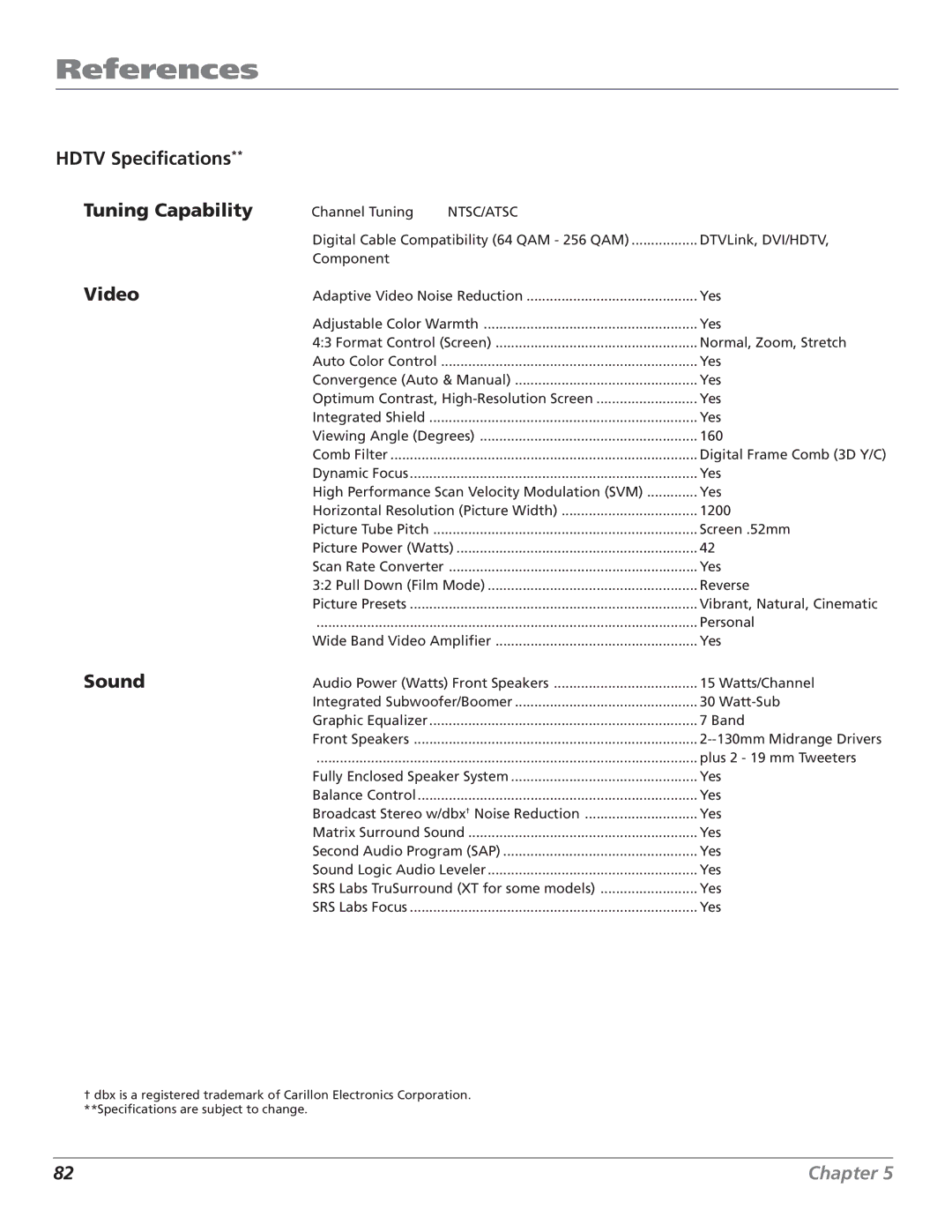 RCA HD56W151 manual Hdtv Specifications Tuning Capability, Video, Sound 