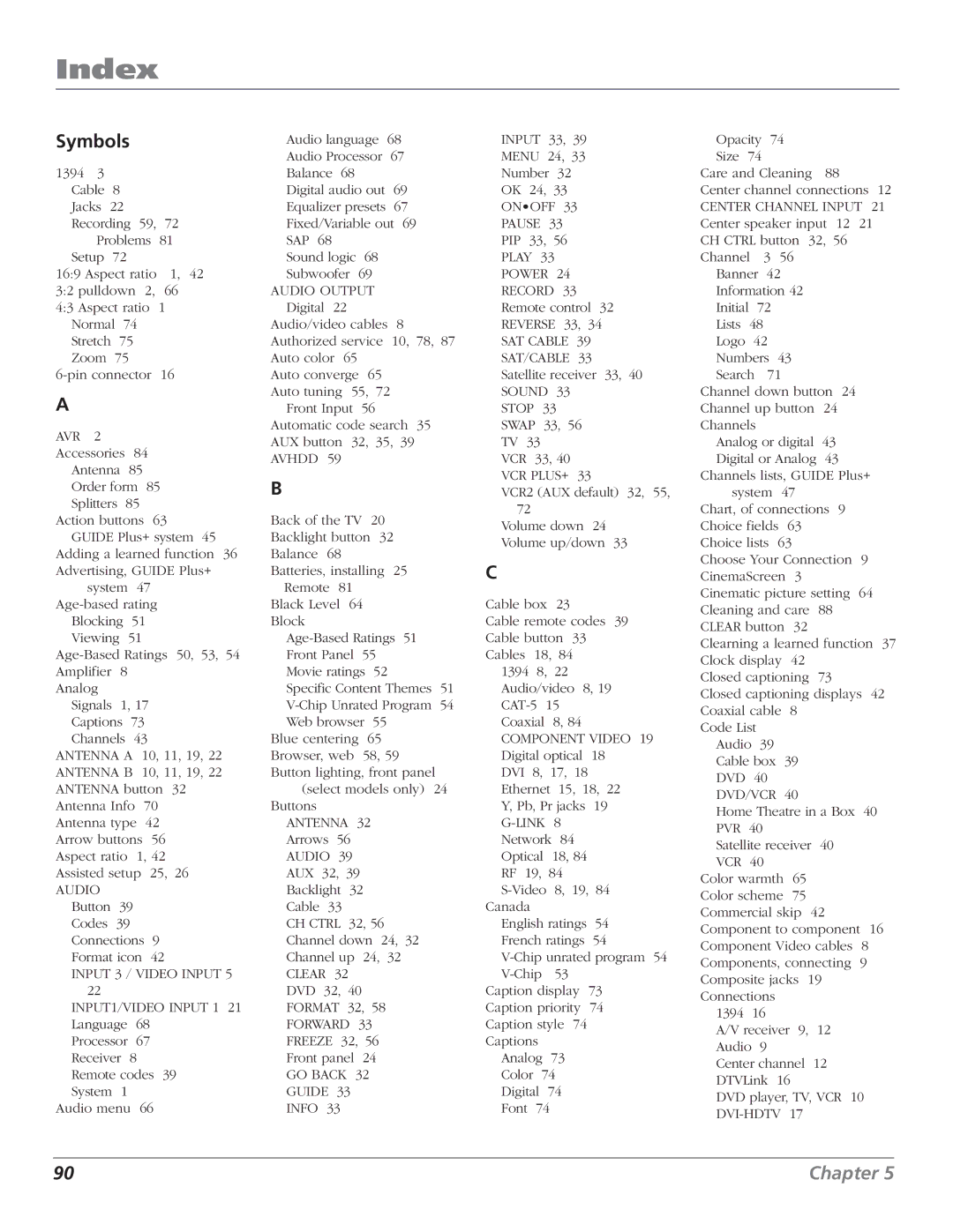 RCA HD56W151 manual Index, Symbols 