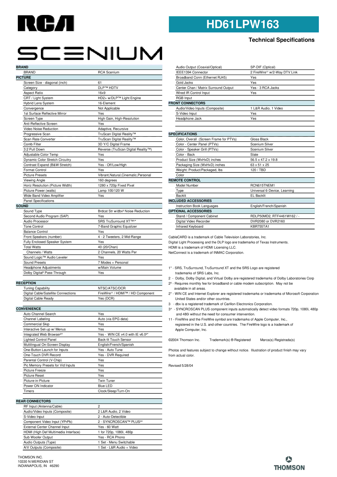 RCA HD61LPW163 manual Brand, Picture, Sound, Reception, Convenience, Rear Connectors, Front Connectors, Specifications 