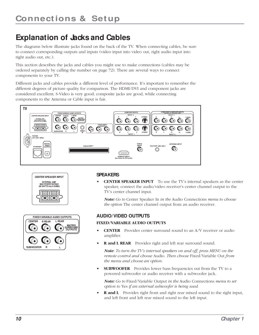 RCA HD61LPW164 manual Explanation of Jacks and Cables, Input 