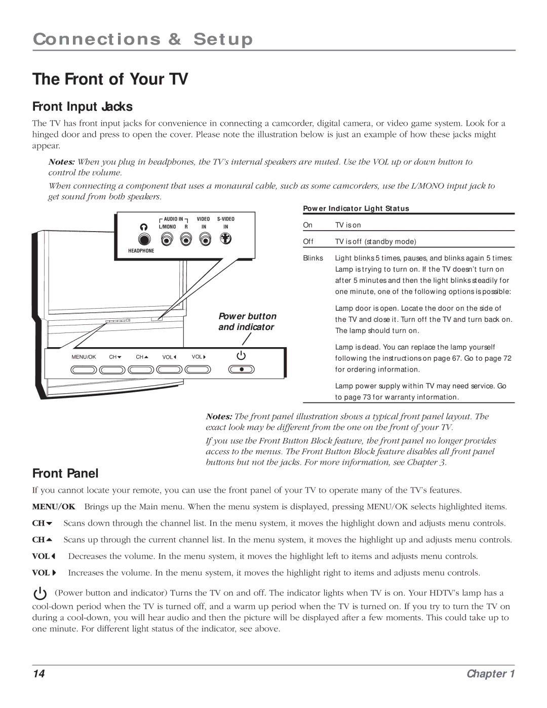 RCA HD61LPW164 manual Front of Your TV, Front Input Jacks, Front Panel 